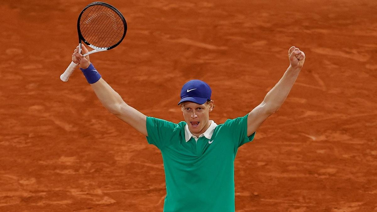 Italy's Jannik Sinner celebrates victory over Serbia's Novak Djokovic in the semi-finals of the French Open at Roland Garros, Paris, on Friday.