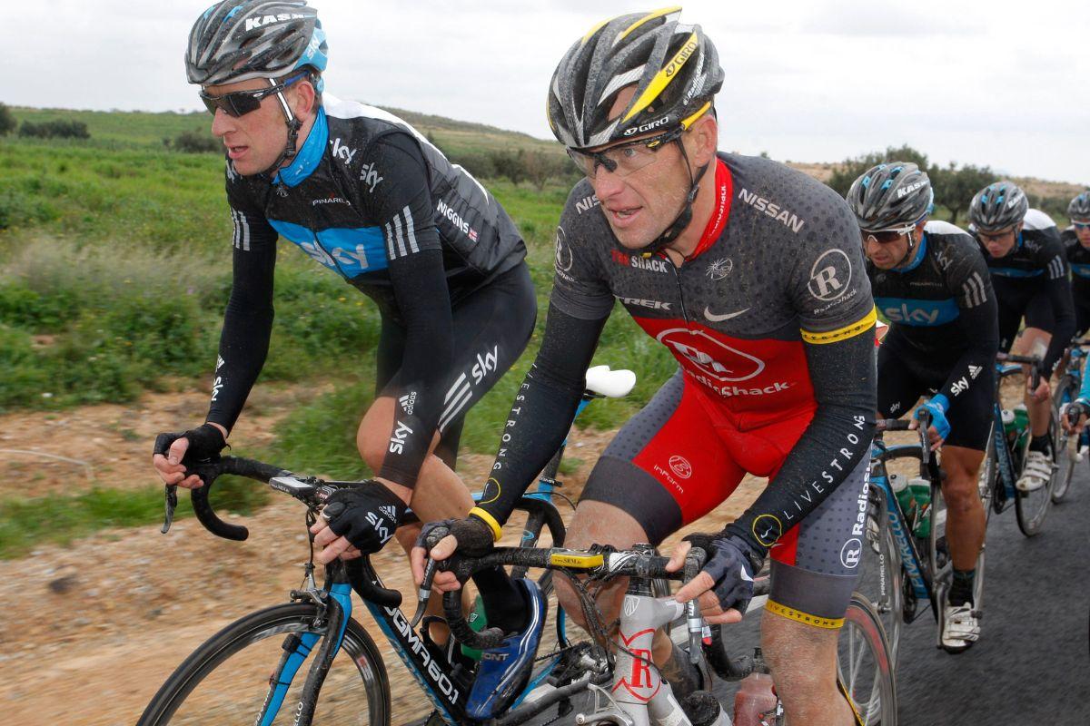 Radioshack team rider Lance Armstrong of the U.S. (R) and SKY team rider Bradley Wiggins (L) of Britain cycle during the fifth stage of the Tour of Murcia cycling race in Murcia, eastern Spain, on March 7, 2010. 