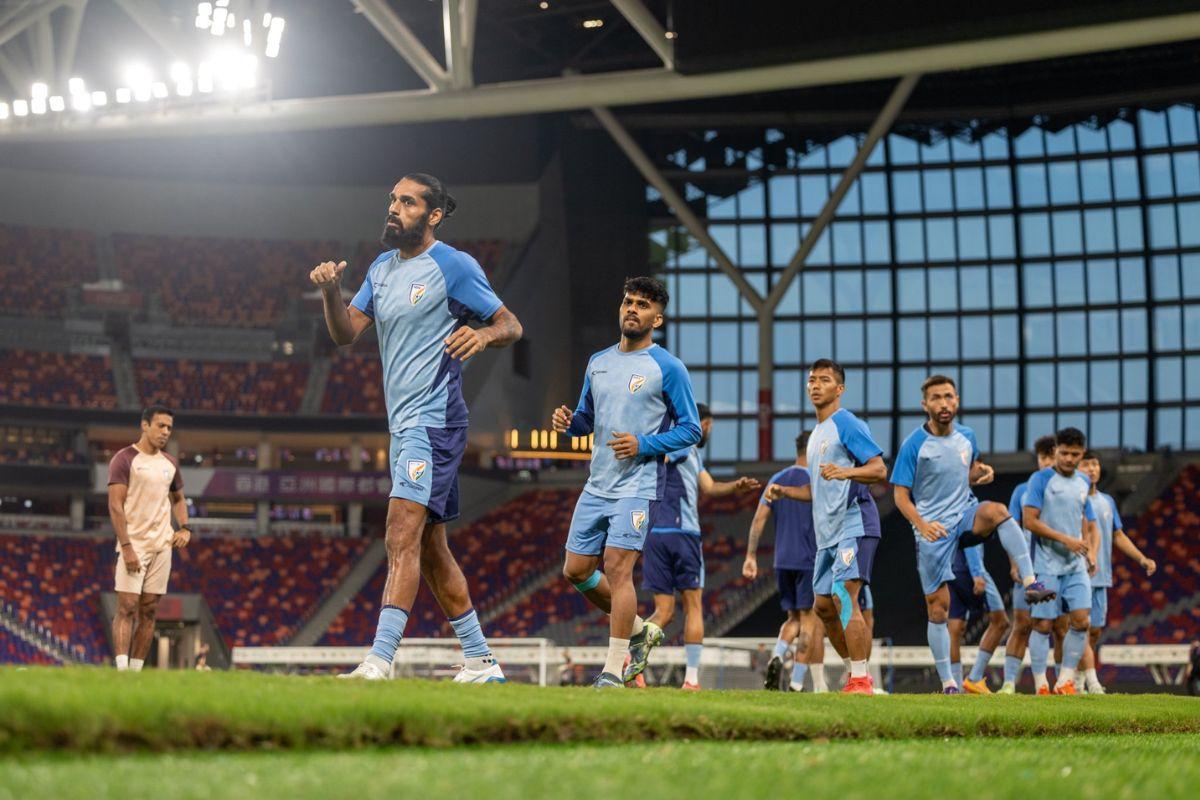 Sandesh Jhingan and teammates practice on the Monday, the eve of their Asian Cup qualifier against Hong Kong on Tuesday