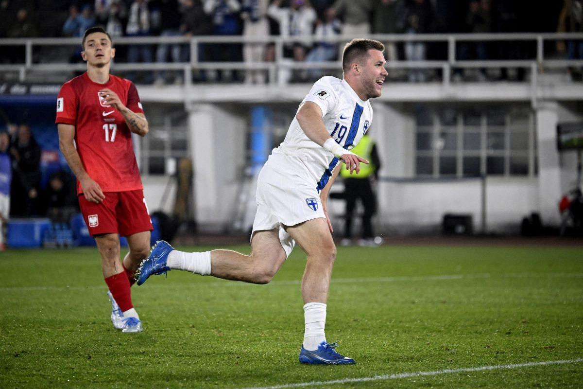 Finland's Benjamin Kallman celebrates scoring their second goal against Poland at Helsinki Olympic Stadium, Helsinki, Finland