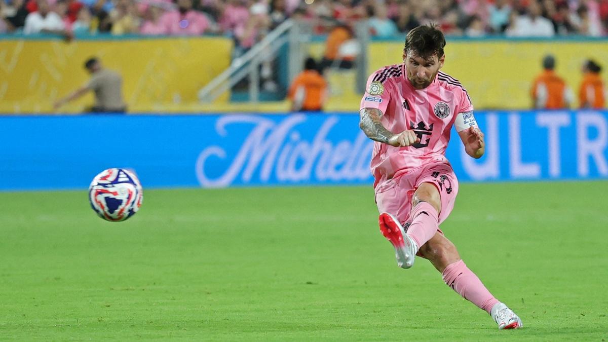Inter Miami's Lionel Messi shoots at goal from a free-kick during the Club World Cup Group A match against Al Ahly at Hard Rock Stadium, Miami Gardens, Florida, on Saturday.