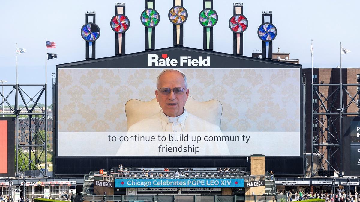 Pope Leo XIV delivers a video message during a public celebration hosted by the Chicago White Sox and the Archdiocese of Chicago for the election of Pope Leo XIV, featuring a mass at Rate Field in Chicago, Illinois, June 14, 2025. 