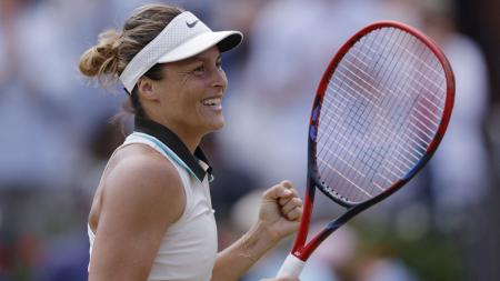 Germany's Tatjana Maria celebrates victory over Madison Keys of the United States in the semi-finals of the Queen's Club Championships, at Queen's Club, London, on Saturday.