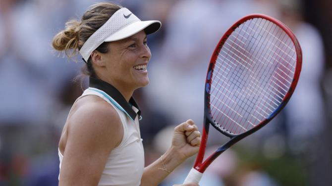 Germany's Tatjana Maria celebrates victory over Madison Keys of the United States in the semi-finals of the Queen's Club Championships, at Queen's Club, London, on Saturday.