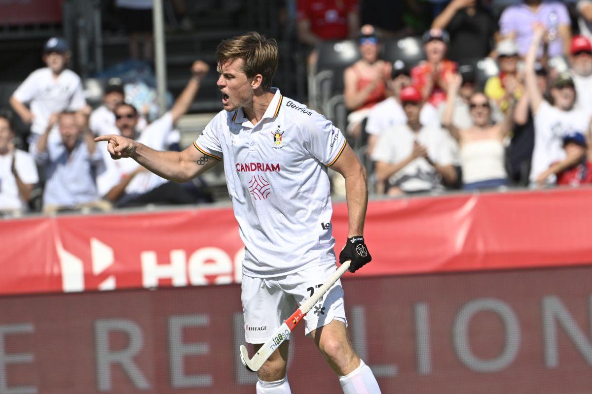 Belgium's Tom Boon celebrates on scoring the sixth goal against India in the FIH Pro League match in Antwerp on Saturday