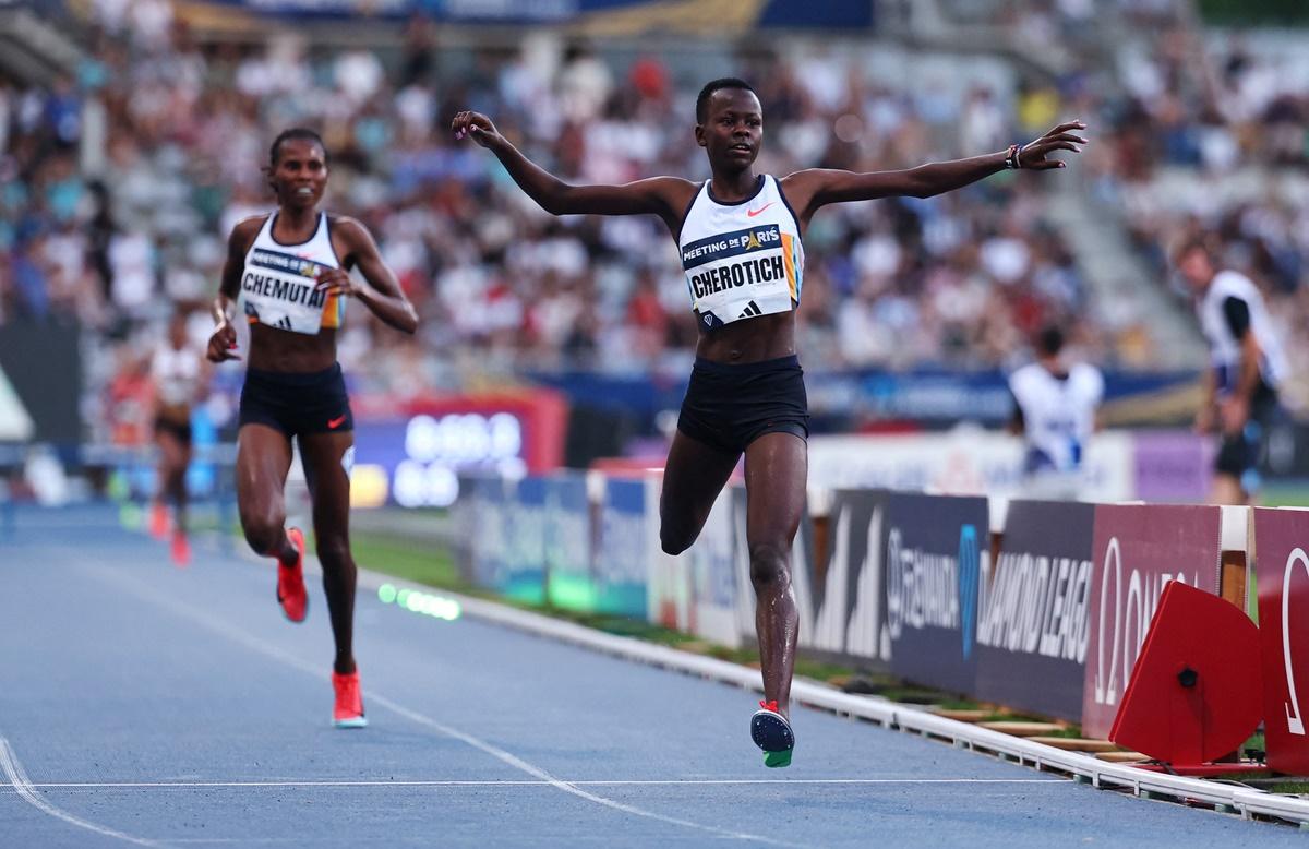 Kenya's Faith Cherotich celebrates winning the women's 3000m Steeplechase final.