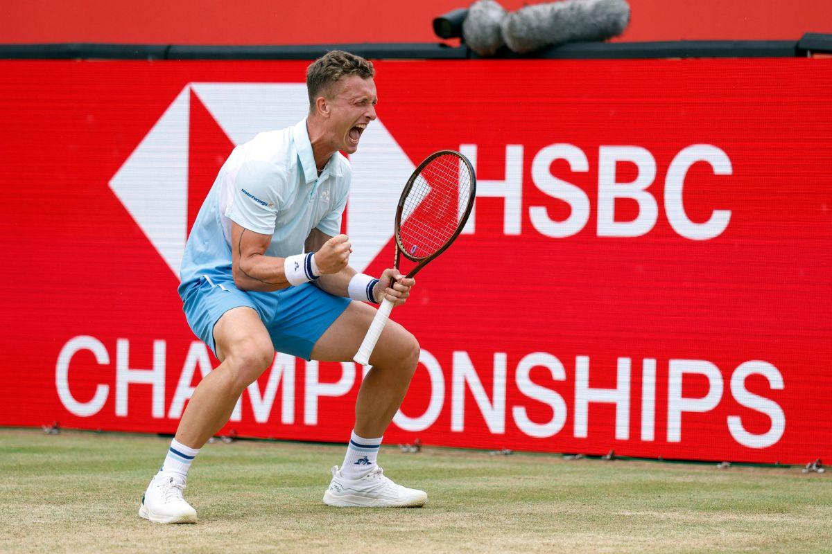 Czech Republic's Jiri Lehecka celebrates after winning his semi-final match against Britain's Jack Draper