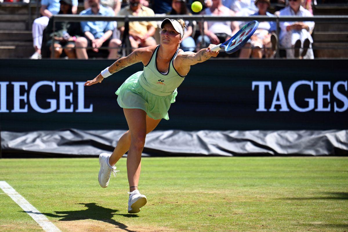 Czech Republic's Marketa Vondrousova in action during her semi-final match against Belarus' Aryna Sabalenka during the Berlin Tennis Open at the Steffi Graf Stadium, Berlin, Germany, on Saturday