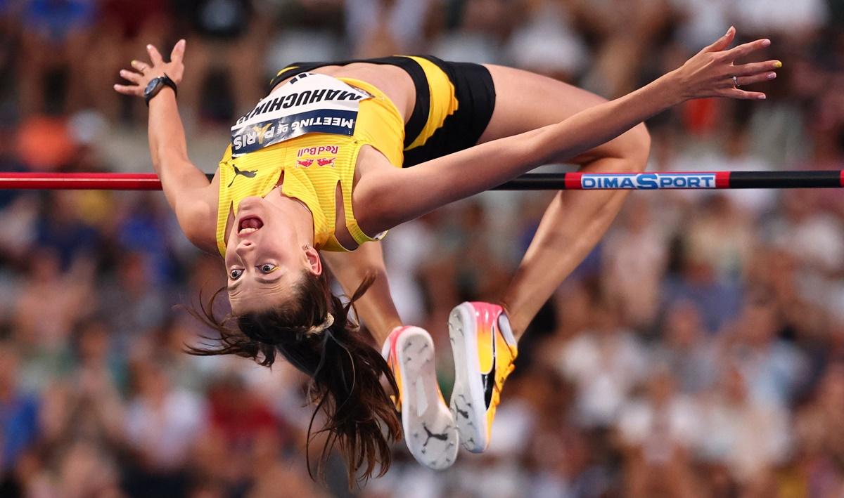 Ukraine's Yaroslava Mahuchikh in action during the women's high jump.