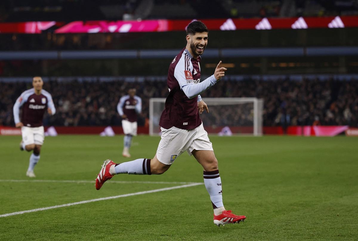 Marco Asensio celebrates putting Aston Villa ahead in the FA Cup fifth round match against Cardiff City at Villa Park, Birmingham, on Friday.