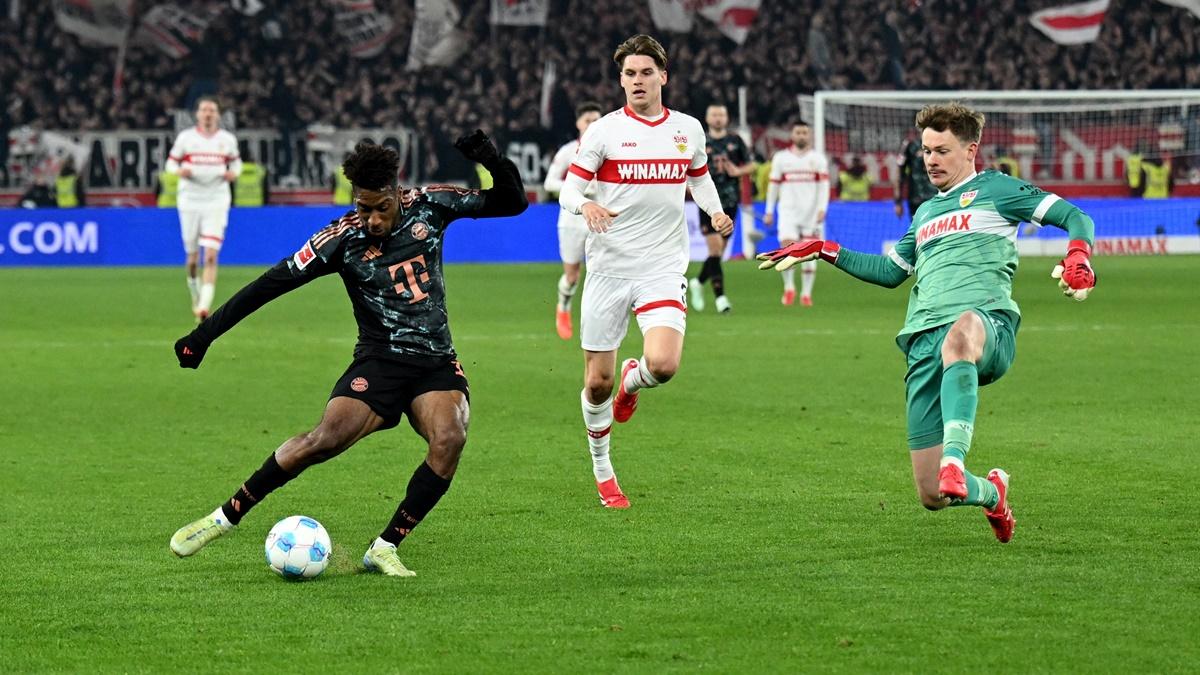 Kingsley Coman scores Bayern Munich's third goal during the Bundesliga match against VfB Stuttgart at MHPArena, Stuttgart, on Friday. Angelika Warmuth/Reuters