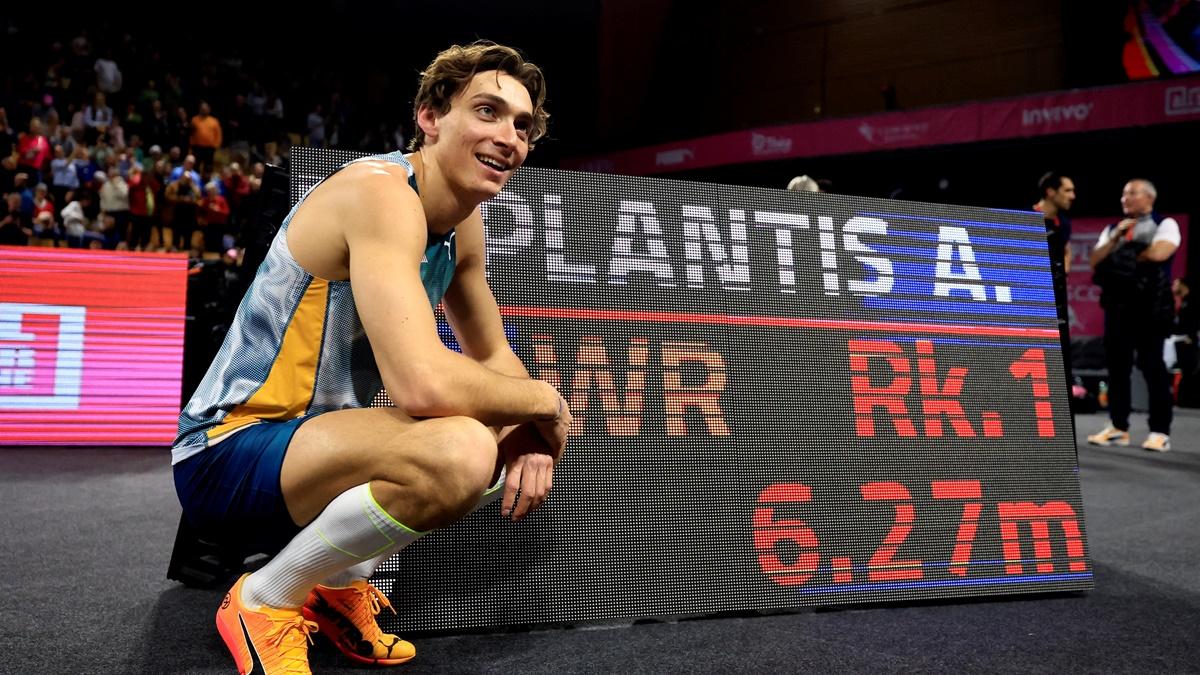 Sweden's Armand Duplantis reacts after setting a new World record to win the men's pole vault at All Star Perche by SCC, at Maison des Sport, Clermont-Ferrand, France, on Friday.