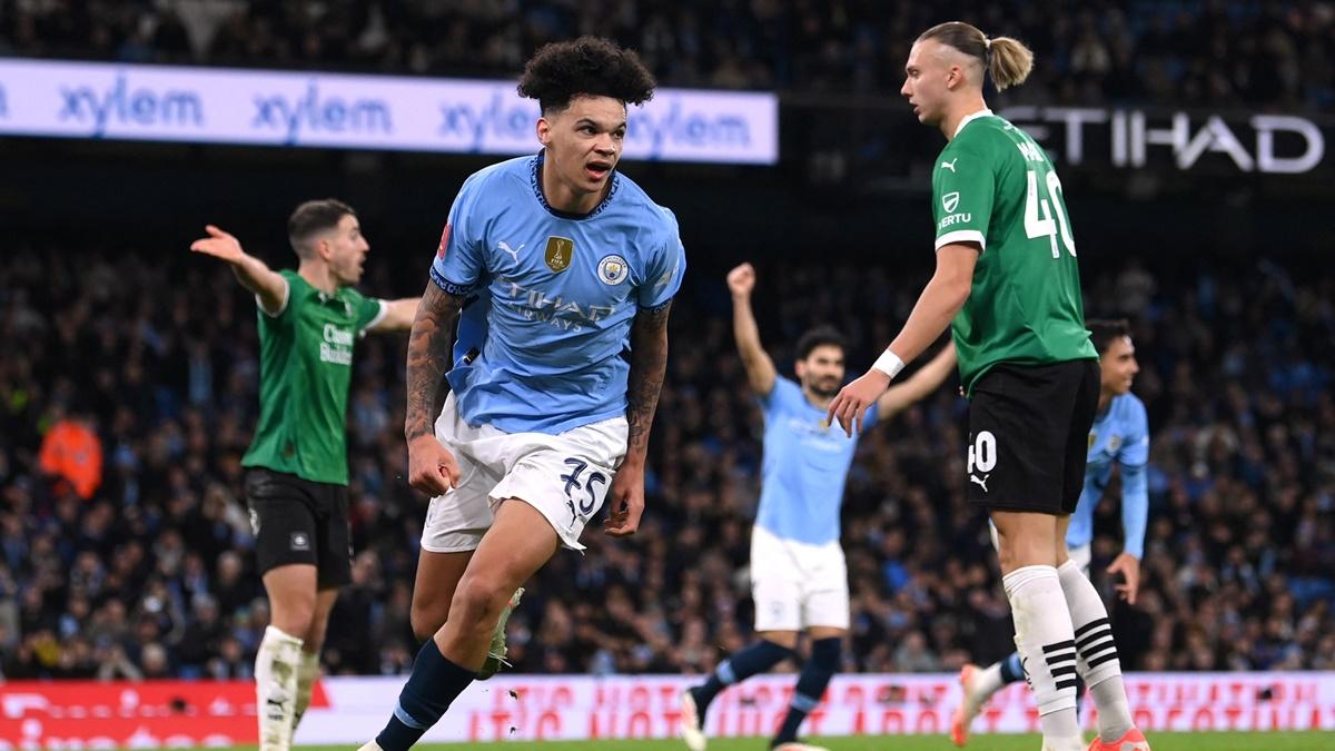 Nico O'Reilly celebrates scoring Manchester City's second goal during the FA Cup fifth round match against Plymouth Argyle at Etihad Stadium, Manchester, on Saturday.