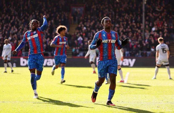 Eddie Nketiah celebrates scoring Crystal Palace's third goal against Millwall at Selhurst Park, London.