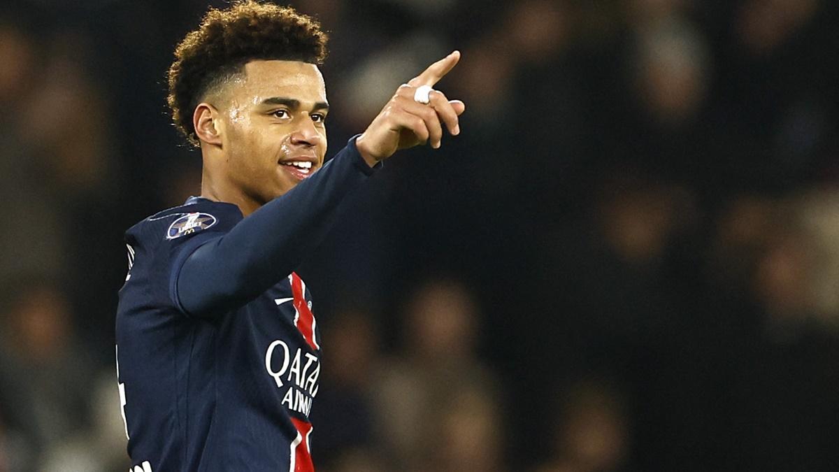 Desire Doue celebrates scoring Paris St Germain's fourth goal against Lille at Parc des Princes, Paris, on Saturday.