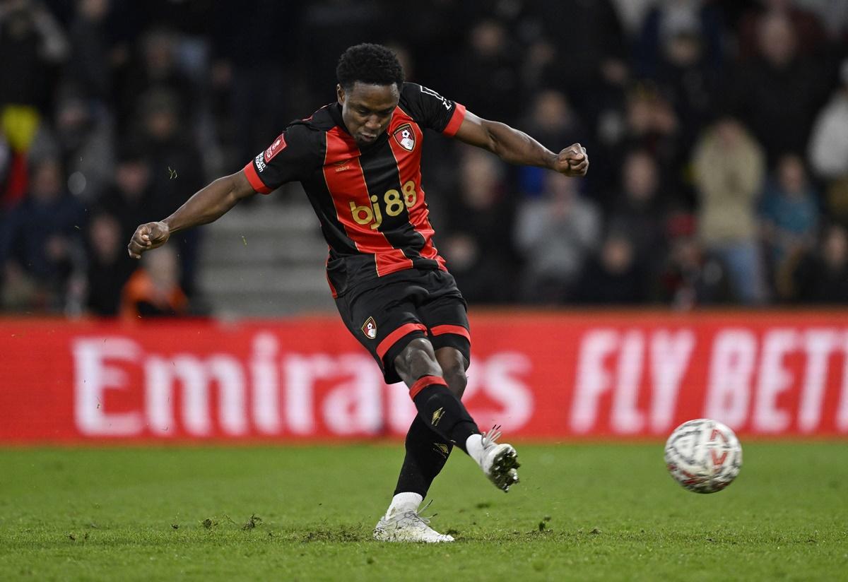 Luis Sinisterra scores from the penalty spot to win the shoot-out for AFC Bournemouth against Wolverhampton Wanderers at Vitality Stadium, Bournemouth.