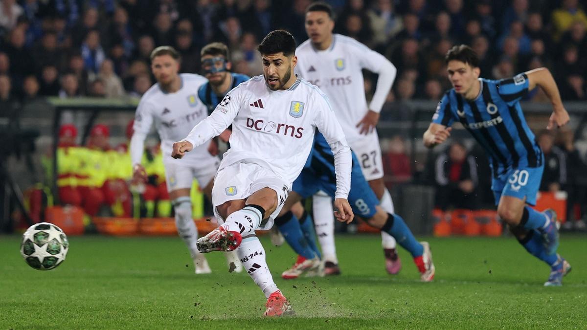 Marco Asensio scores Aston Villa's third goal from the penalty spot during the Champions League Round of 16 first leg match against Club Brugge at Jan Breydel stadium, Bruges, Belgium.