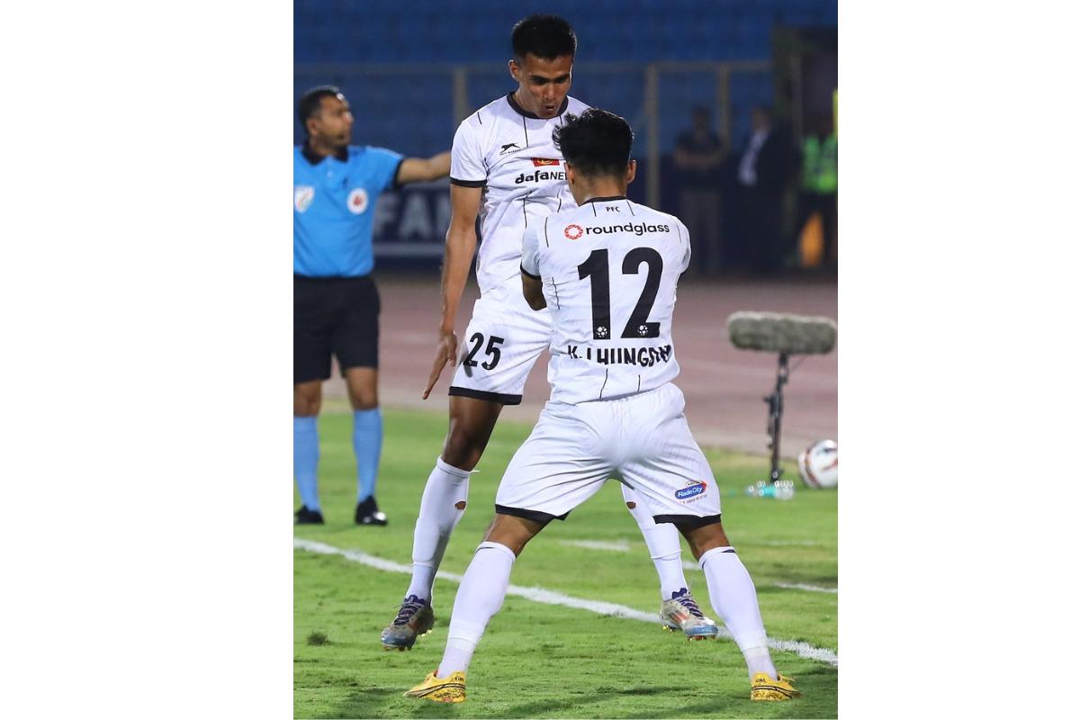 Punjab FC's Shami Singamayum celebrates his goal against Hyderabad FC on Thursday