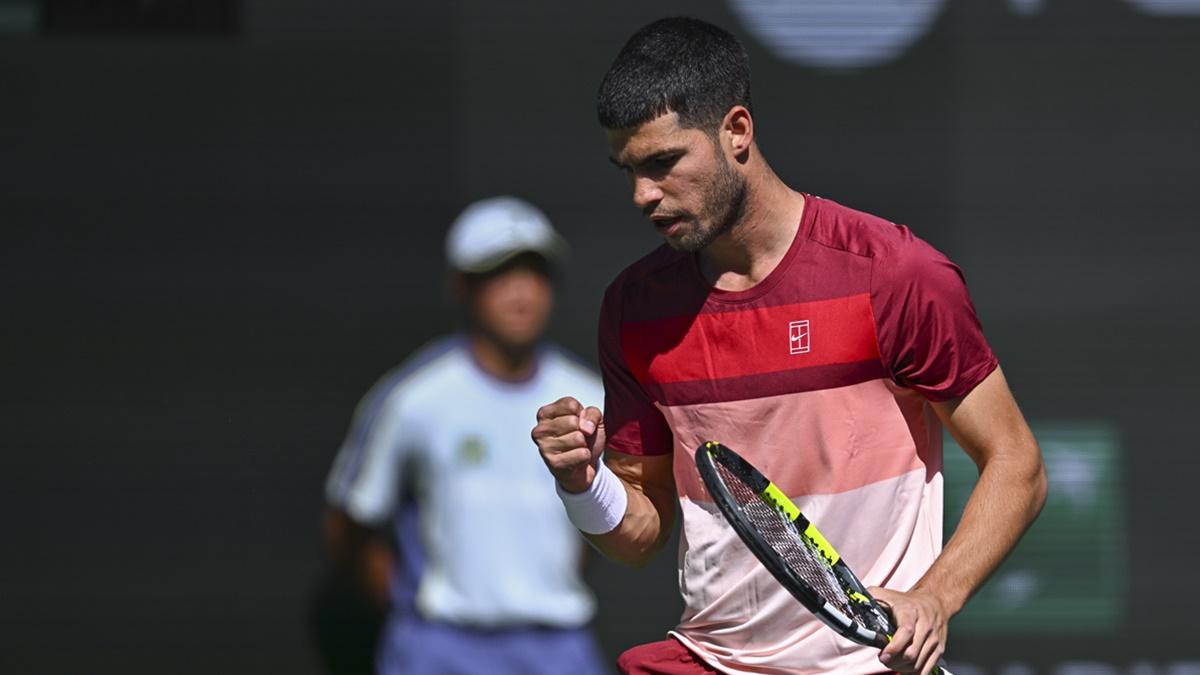 Spain's Carlos Alcaraz reacts after winning a point against France's Quentin Halys in the second round of the BNP Paribas Open, at Indian Well Tennis Garden, CA, USA, on Saturday.