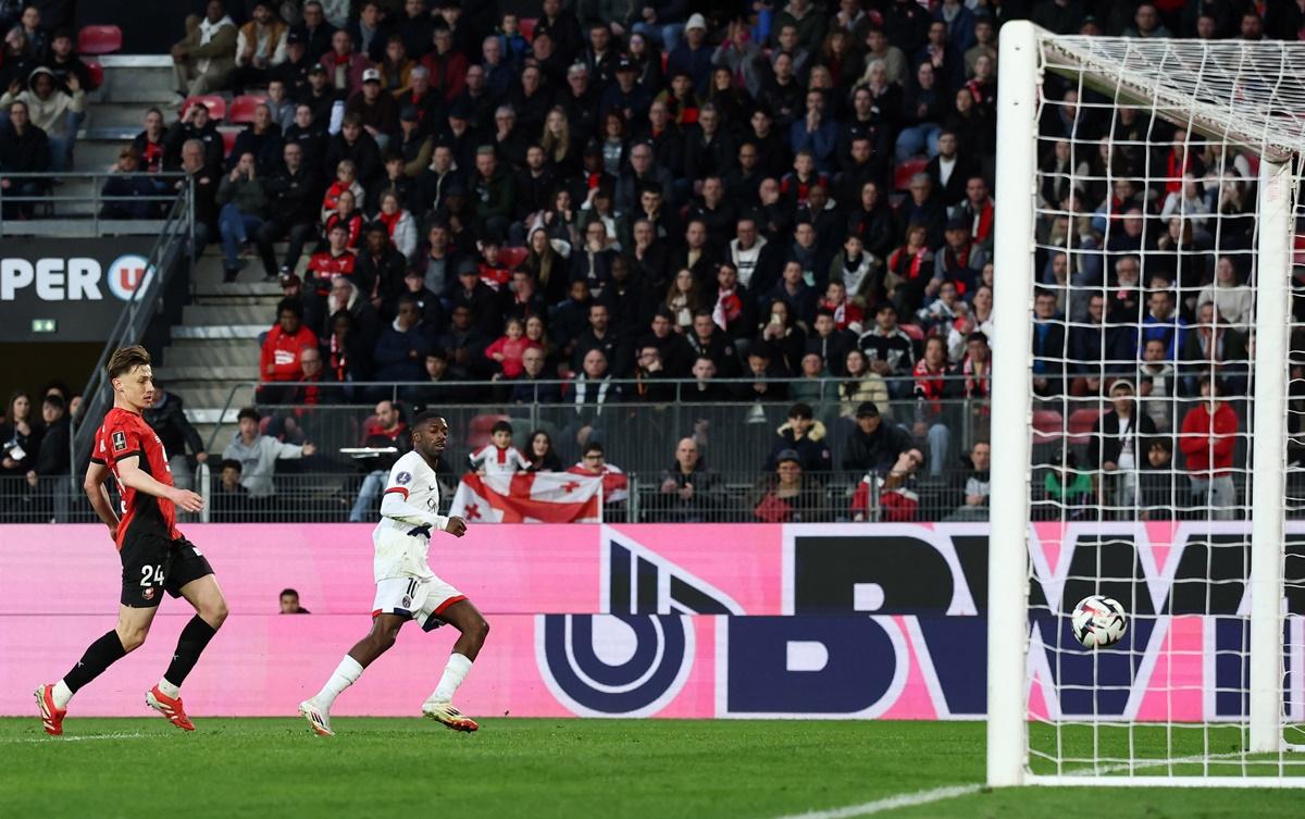 Ousmane Dembele scores Paris St Germain's third goal in the Ligue 1 match against Stade Rennes at Roazhon Park, Rennes, France.