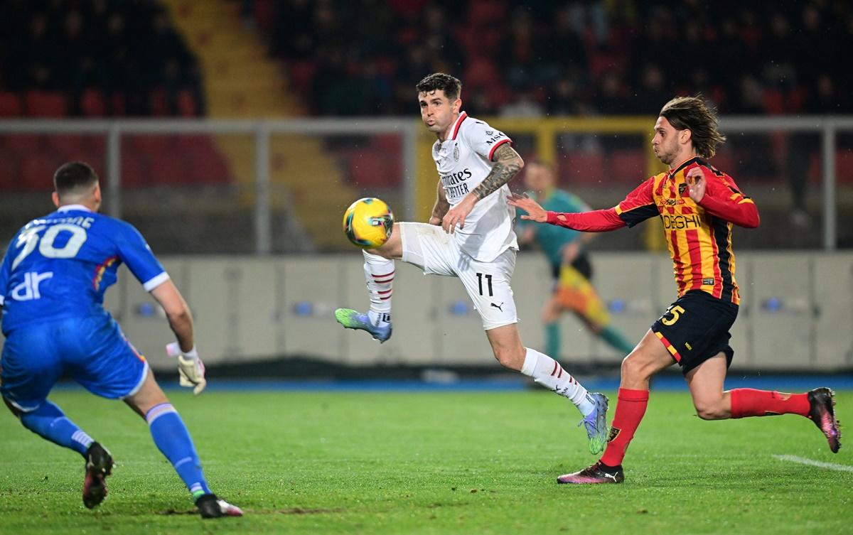 Christian Pulisic scores AC Milan's third goal during the Serie A match against Lecce at Stadio Via del mare, Lecce, Italy.