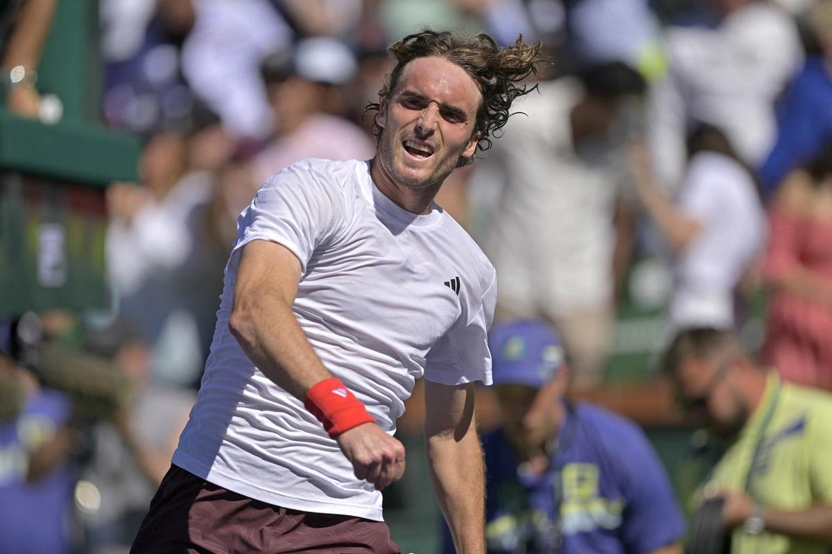 Greece's Stefanos Tsitsipas reacts after defeating Italy's Matteo Barrettini in the third round of the men's singles.