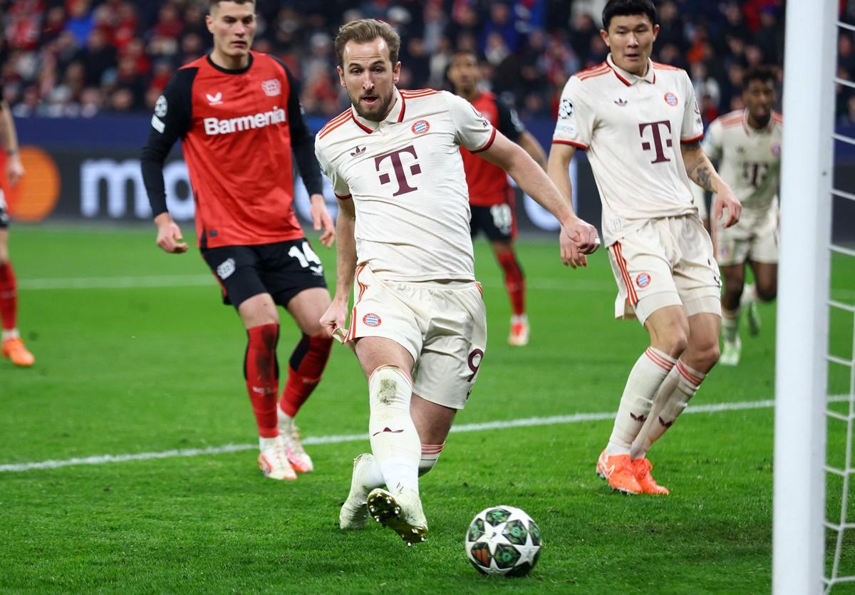 Harry Kane scores Bayern Munich's first goal against Bayer Leverkusen at BayArena, Leverkusen, Germany.