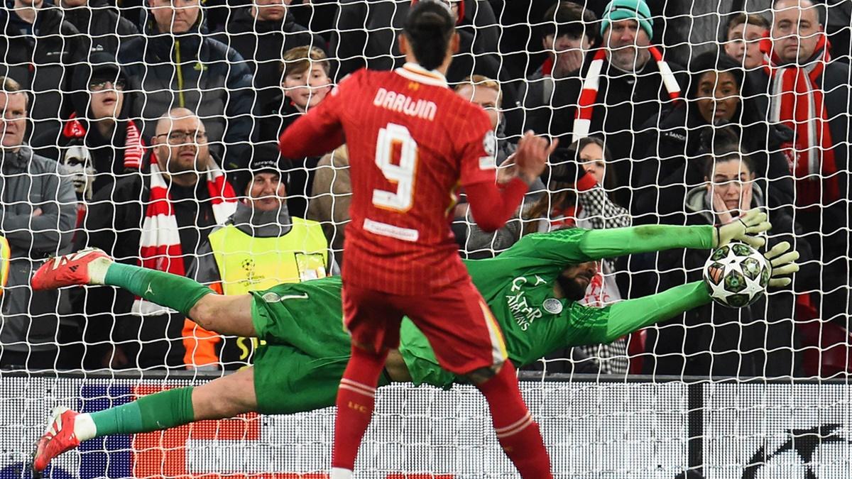 Paris St Germain's goalkeeper Gianluigi Donnarumma saves Darwin Nunez's shot during the penalty shoot-out in the Champions League Round of 16 second leg against Liverpool at Anfield, Liverpool, on Tuesday.