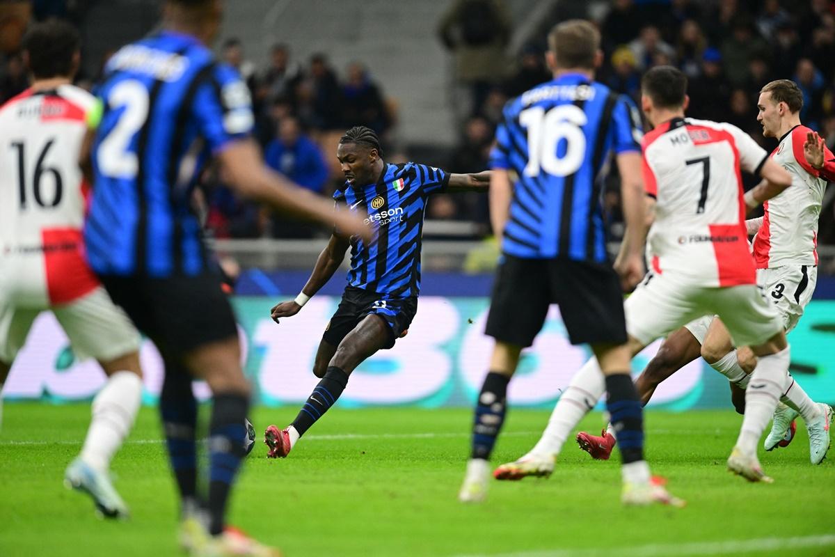 Marcus Thuram scores Inter Milan's first goal against Feyenoord at San Siro, Milan, Italy.