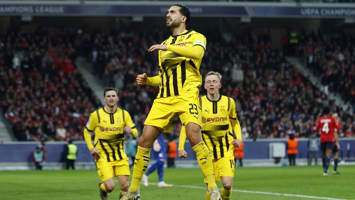 Emre Can celebrates scoring Borussia Dortmund's first goal against Lille at Decathlon Arena Stade Pierre-Mauroy, Villeneuve-d'Ascq, France.