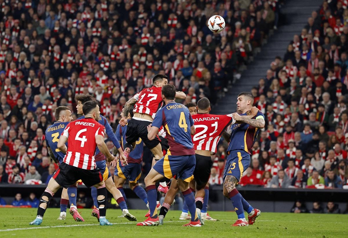 Yuri Berchiche scores Athletic Bilbao's second goal against AS Roma at San Mames, Bilbao, Spain.