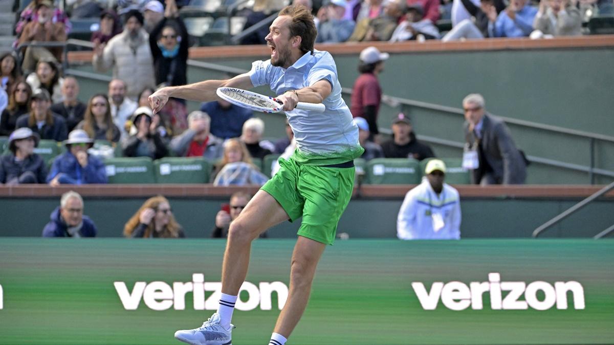 Russia's Daniil Medvedev celebrates victory over France's Arthur Fils via the third set tie-breaker to advance to the semi-finals of the BNP Paribas Open, at the Indian Wells Tennis Garden, CA, USA, on Thursday.