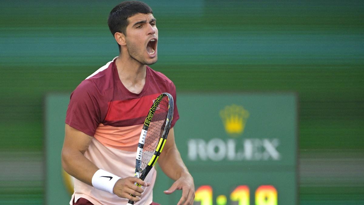 Spain's Carlos Alcaraz reacts during the BNP Paribas Open semi-final against Britain's Jack Draper at the Indian Well Tennis Garden, CA, USA, on Saturday.