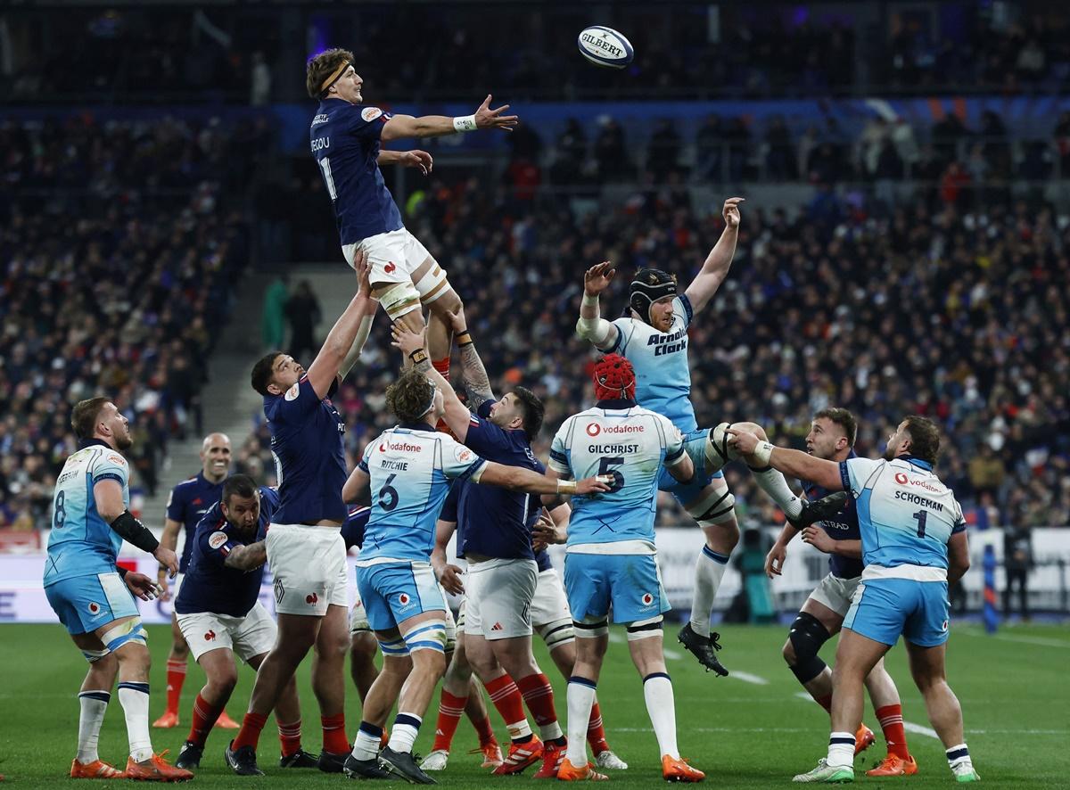 France's Oscar Jegou in action during a lineout 