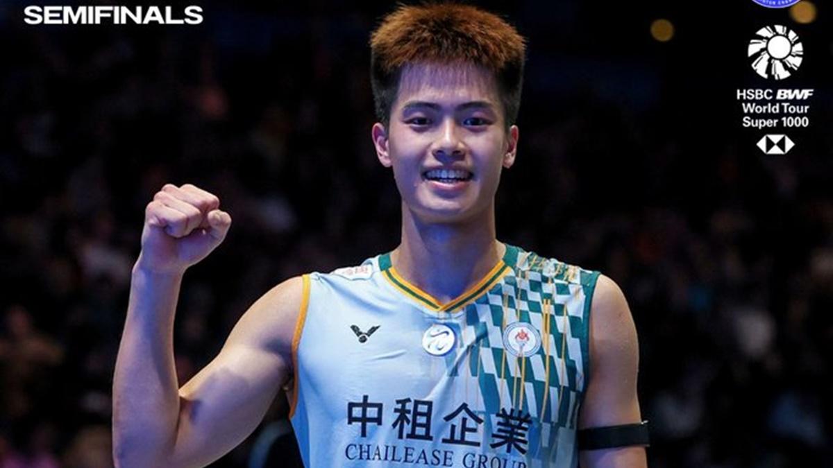 Lee Chia-hao celebrates victory over France's Alex Lanier in the men's singles semi-finals of the All England Badminton Championships on Saturday.