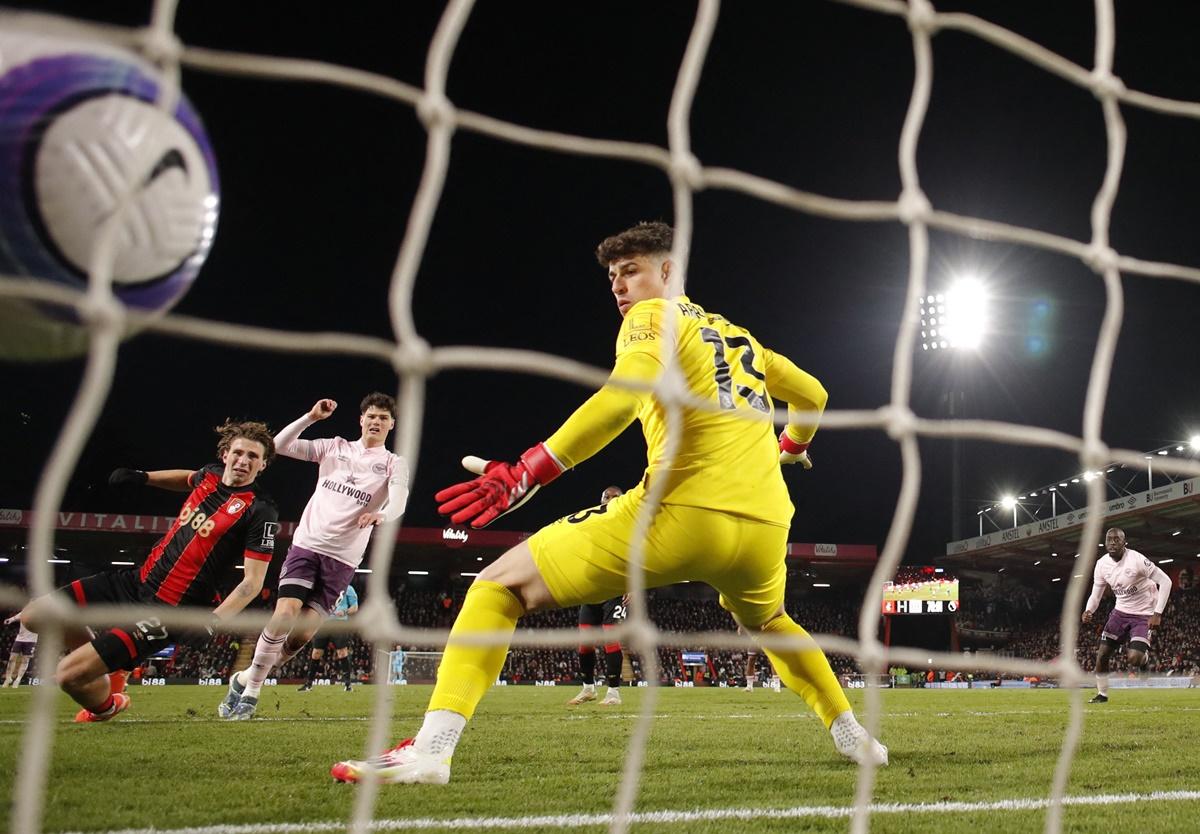 Christian Norgaard scores Brentford's second goal past AFC Bournemouth's Kepa Arrizabalaga at Vitality Stadium, Bournemouth.