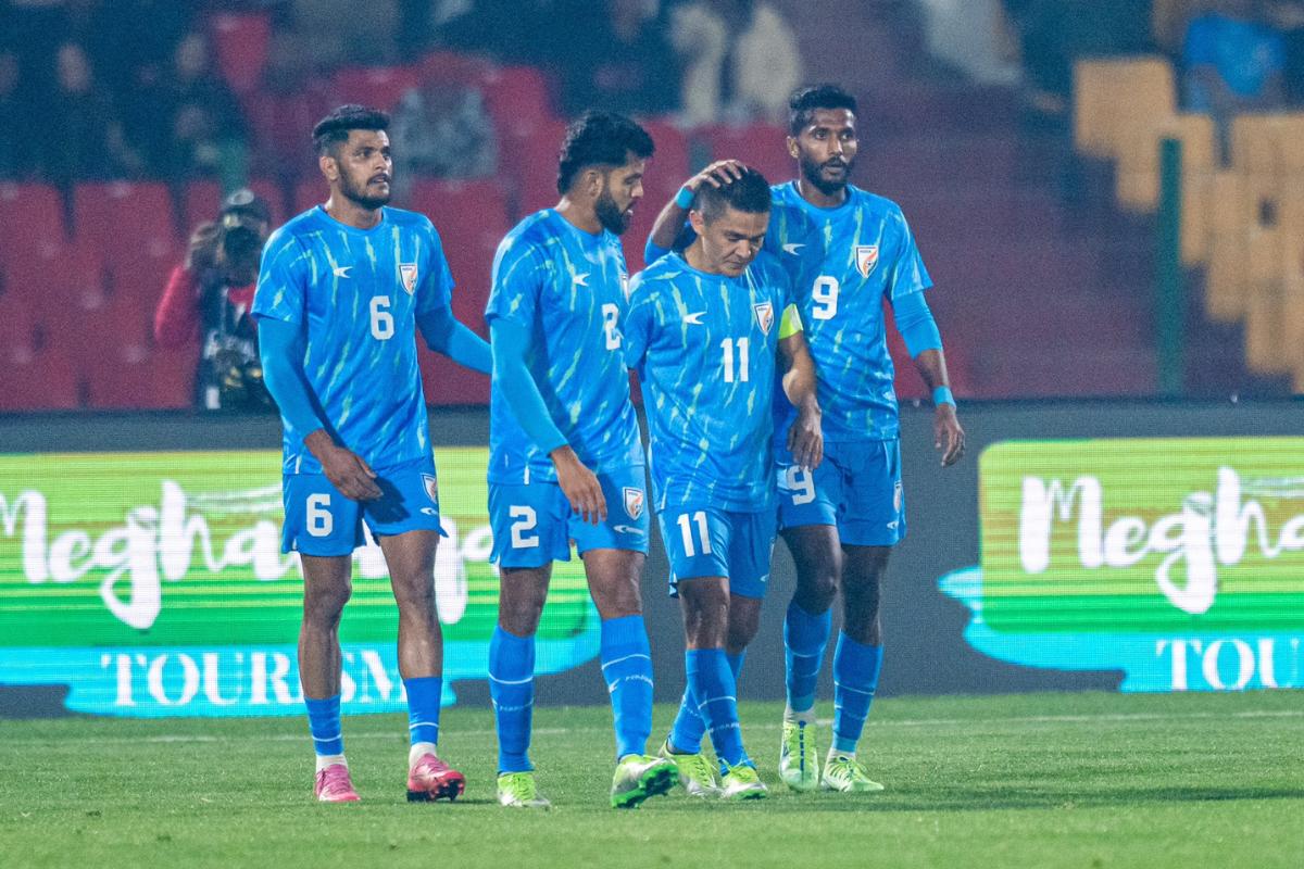 Indian players celebrate after Sunil Chhetri headed in the 77th minute goal 