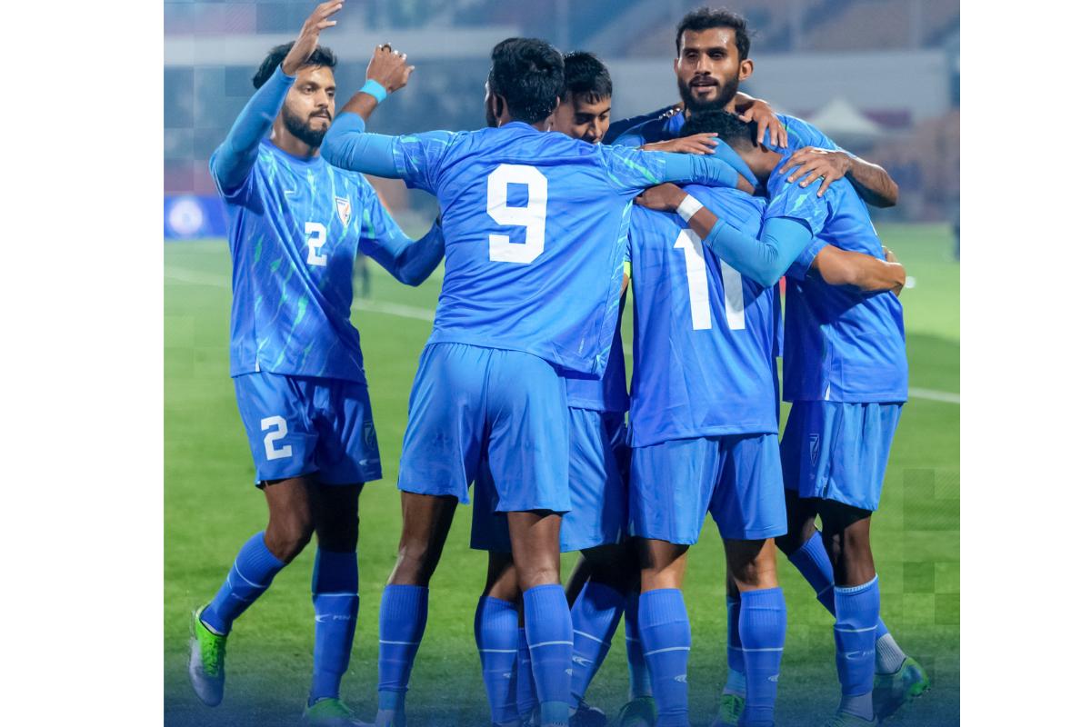 Indian players celebrate the second goal by Liston Colaco