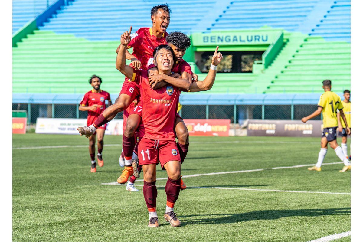 SC Bengaluru's Thomya Shimray celebrates the opening goal against Real Kashmir in their I-League match on Tuesday