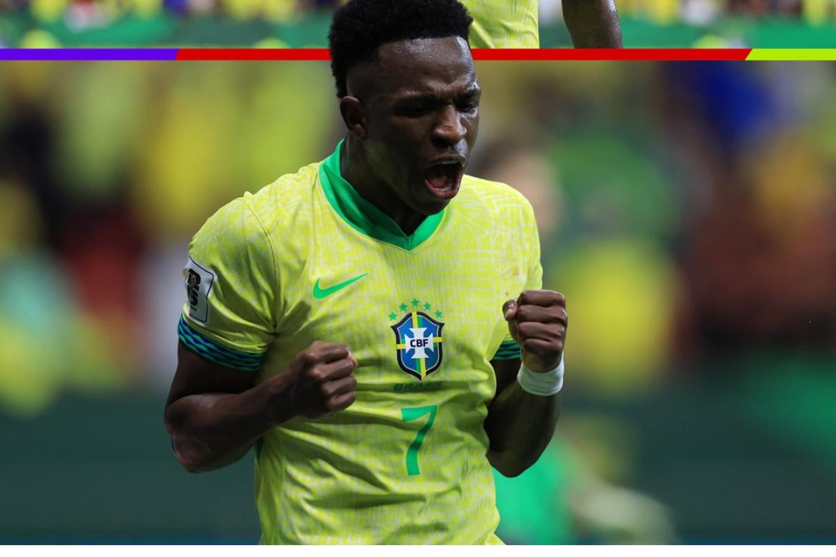 Vinicius Junior celebrates scoring the late winner against Colombia in the FIFA World Cup South American qualifiers in Brasilia, Brazil on Friday