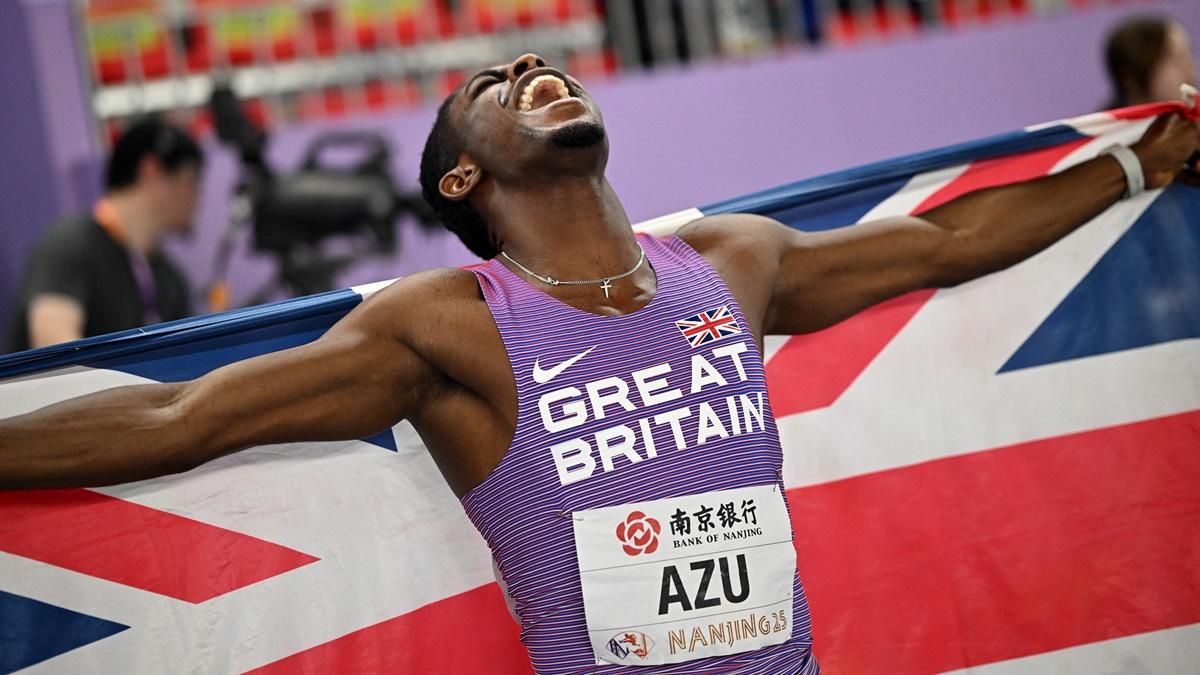 Britain's Jeremiah Azu celebrates winning the men's 60 metres final in the World Athletics Indoor Championships at Nanjing Youth Olympic Sports Park, Nanjing, China, on Friday.