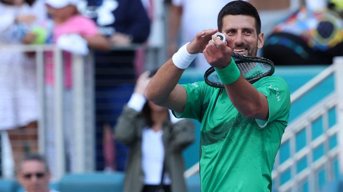 Serbia's Novak Djokovic gestures to his player's box after an easy victory over Australia's Rinky Hijikata on Day 4 of the Miami Open, at Hard Rock Stadium, Florida, on Friday.