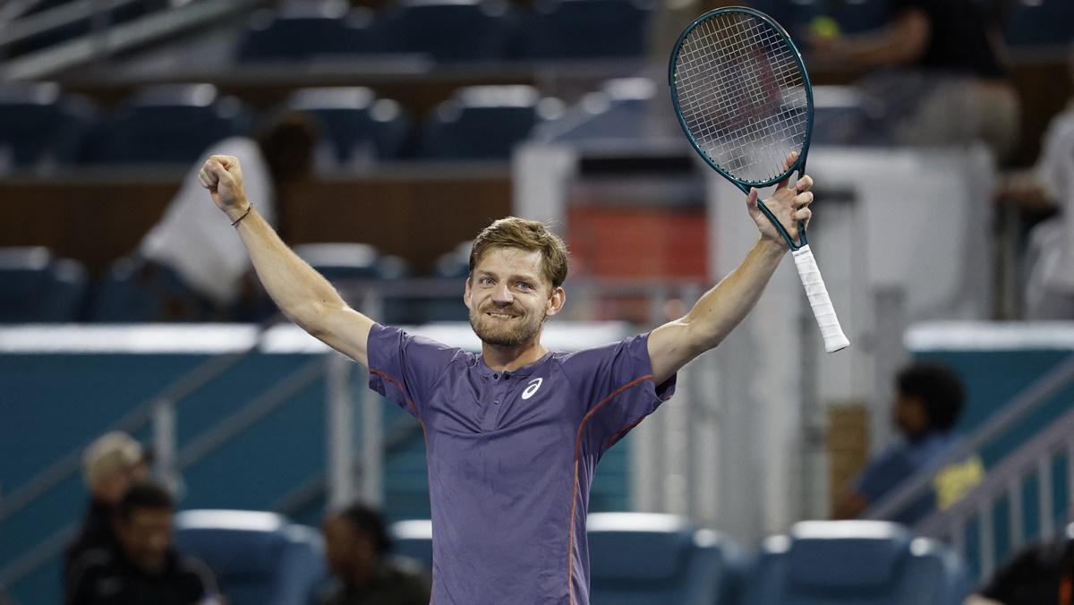 Belgium's David Goffin celebrates victory over Spain's Carlos Alcaraz in the Round of 64 on Day 4 of the Miami Open, at Hard Rock stadium, Florida, on Friday.