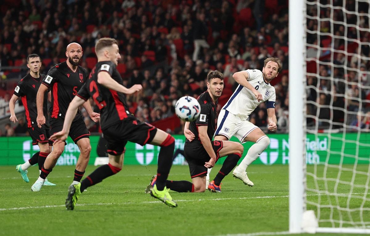 Harry Kane scores England's second goal.