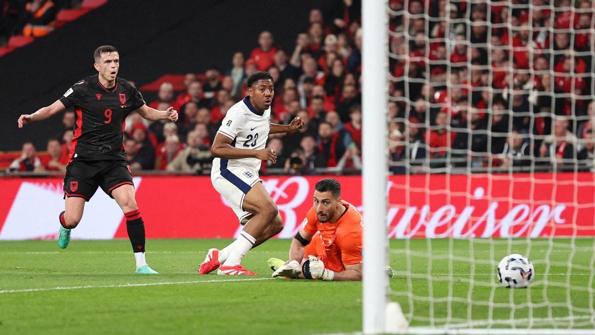 Myles Lewis-Skelly scores England's first goal past Albania's Thomas Strakosha during the  World Cup Group K European Qualifier at Wembley Stadium, London, on Friday.