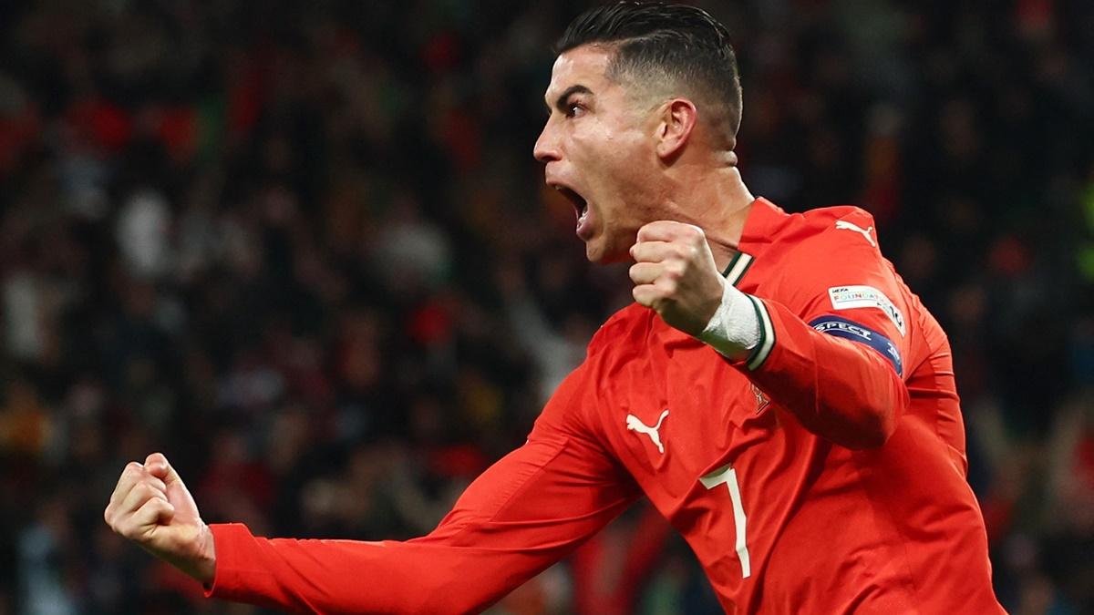 Cristiano Ronaldo celebrates scoring Portugal's second goal in the Nations League quarter-final second leg against Denmark at Estadio Jose Alvalade, Lisbon, Portugal, on Sunday.