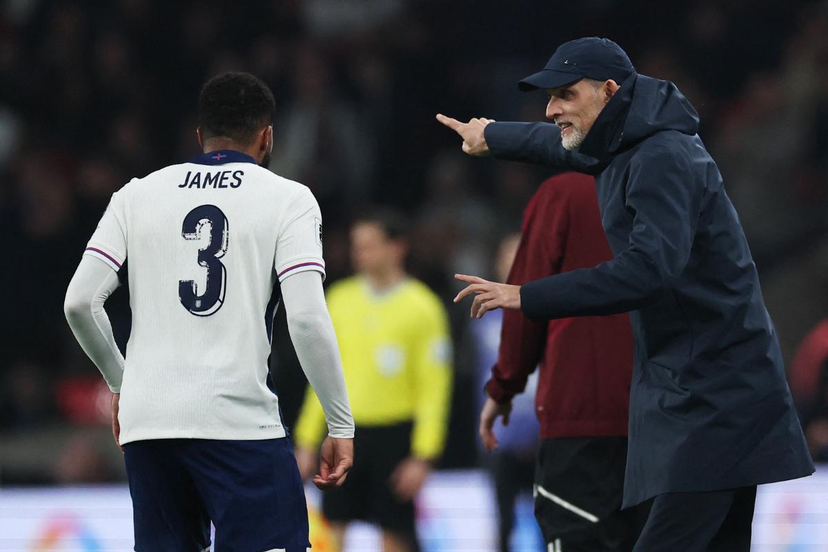 England manager Thomas Tuchel gives instructions to England's Reece James during their World Cup European Qualifiers against Latvia at Wembley Stadium, London, Britain, on Monday