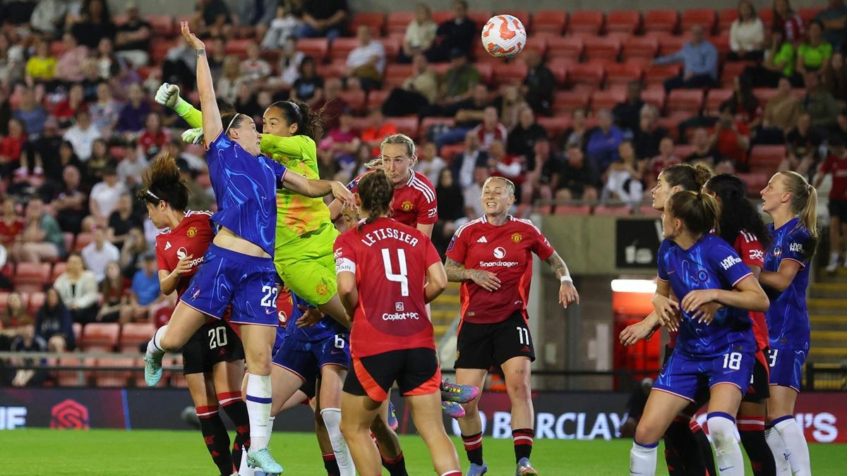 Lucy Bronze heads the ball home from a corner to earn Chelsea victory over Manchester United in the Women's Super League at Leigh Sports Village, Leigh, Britain, on Wednesday.