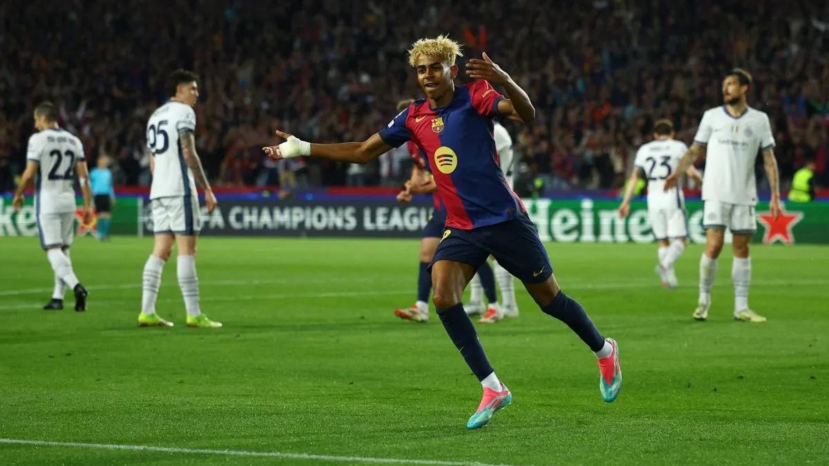 Lamine Yamal celebrates a scoring a brilliant goal to lead Barcelona's recovery from a two-goal deficit in the 3-3 draw with Inter Milan in the first leg of their Champions League semi-final on Wednesday.