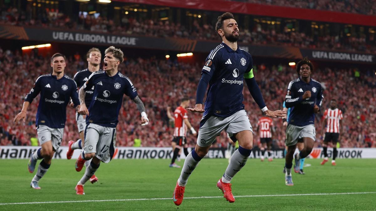 Bruno Fernandes celebrates scoring Manchester United's second goal in the Europa League semi-final first Leg against Athletic Bilbao at San Mames, Bilbao, Spain, on Thursday.